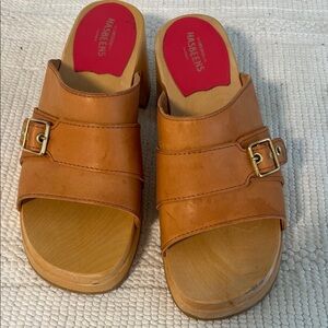 Swedish Hasbeens Tan Leather Buckle Mules with Red Insole
